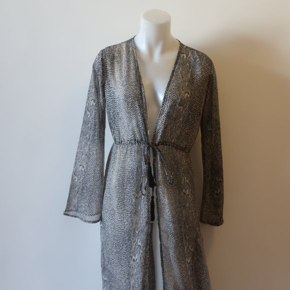 WOMENS AAKAA BLACK WHIT PRINT DESIGN SEMI-SHEER MAXI WRAP DRESS M * - Picture 4 of 10